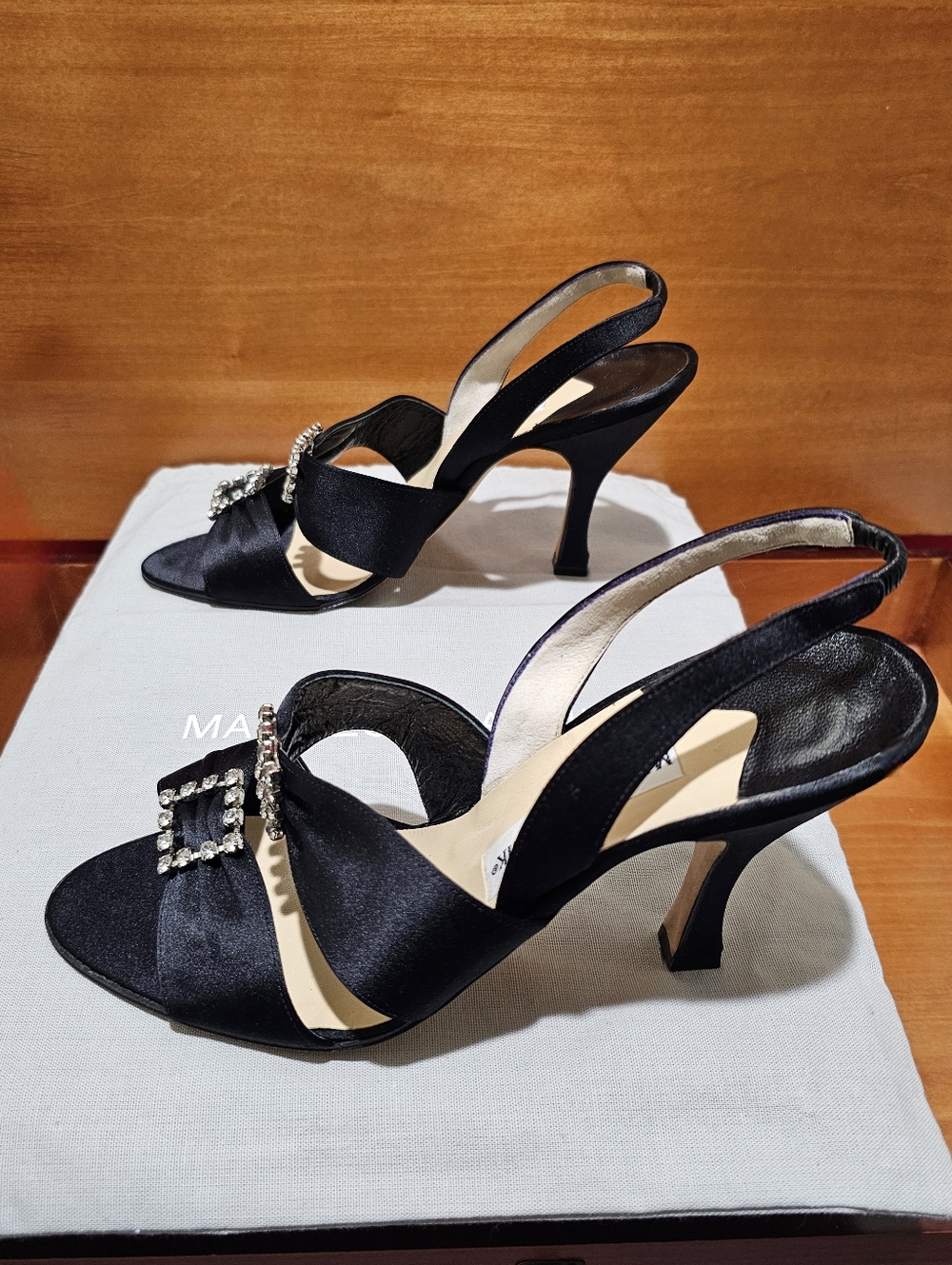 Manolo Blahnik Black Satin Open-Toe Slingback Heels with Crystal Buckles